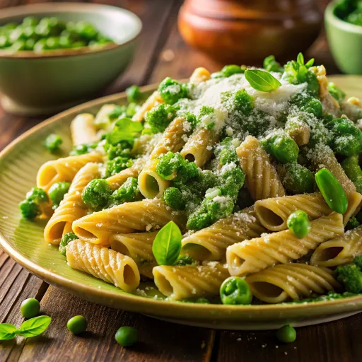 Makaron z pełnoziarnistej pszenicy z kremowym sosem z zielonego groszku